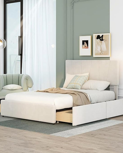 Full Size Upholstered Platform Bed Frame with 4 Storage Drawers and Adjustable Headboard, Wooden Slats Support, No Box Spring Needed, Beige - LeafyLoom