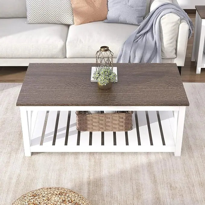 ChooChoo Farmhouse Coffee Table, Rustic Vintage Living Room Table with Shelf, 40 White - LeafyLoom