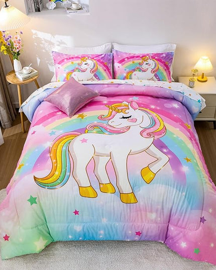 Aimuan Girls Unicorn Comforter Set 6 Pieces Pink Purple Bedding Set with Rainbow Star Galaxy Stars Fantasy Children Room Decor Soft Reversible Bed Sets for Boys/Girls/Teens (Rainbow Twin6Pcs) - LeafyLoom