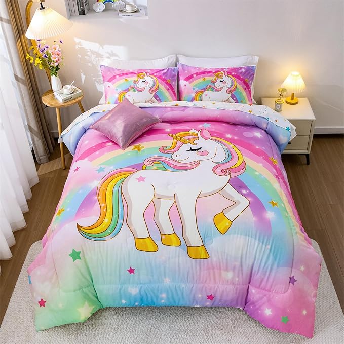Aimuan Girls Unicorn Comforter Set 6 Pieces Pink Purple Bedding Set with Rainbow Star Galaxy Stars Fantasy Children Room Decor Soft Reversible Bed Sets for Boys/Girls/Teens (Rainbow Twin6Pcs) - LeafyLoom