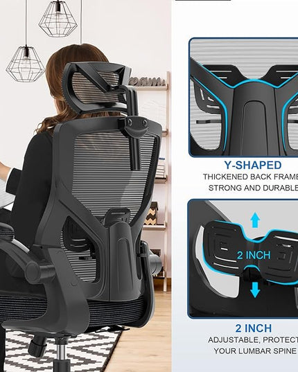 𝑯𝑶𝑴𝑬 𝑶𝑭𝑭𝑰𝑪𝑬 𝑪𝑯𝑨𝑰𝑹, Ergonomic Mesh Desk Chair, High Back Computer Chair- Adjustable Headrest with Flip-Up Arms, Lumbar Support, Swivel Executive Task Chair (Modern, Black) - LeafyLoom