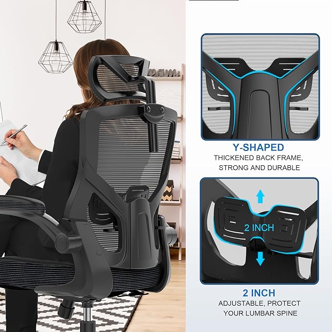 𝑯𝑶𝑴𝑬 𝑶𝑭𝑭𝑰𝑪𝑬 𝑪𝑯𝑨𝑰𝑹, Ergonomic Mesh Desk Chair, High Back Computer Chair- Adjustable Headrest with Flip-Up Arms, Lumbar Support, Swivel Executive Task Chair (Modern, Black) - LeafyLoom