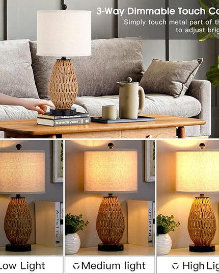 Touch Control Rattan Table Lamps, 3 Way Dimmable Bedside Lamps for Bedroom Set of 2 with 2 USB Ports and AC Outlet, Wicker Nightstand Lamps for Living Room (LED Bulbs Included) - LeafyLoom