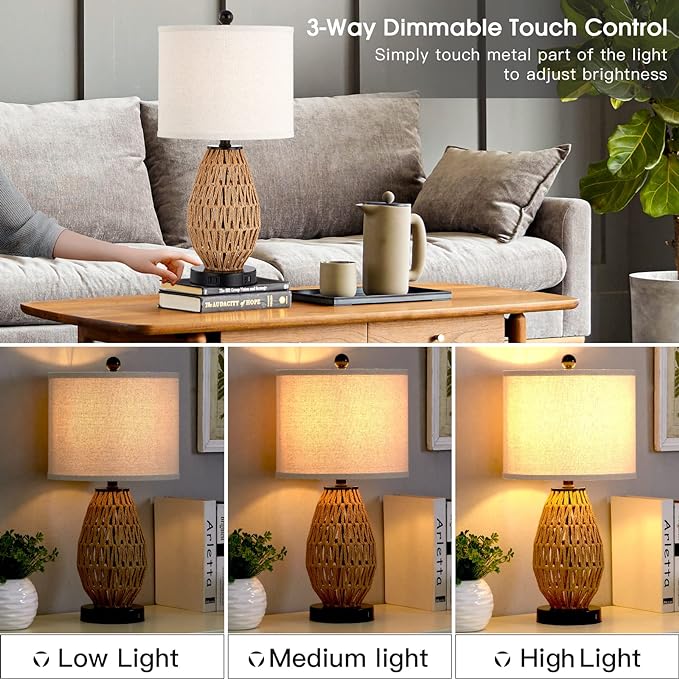 Touch Control Rattan Table Lamps, 3 Way Dimmable Bedside Lamps for Bedroom Set of 2 with 2 USB Ports and AC Outlet, Wicker Nightstand Lamps for Living Room (LED Bulbs Included) - LeafyLoom