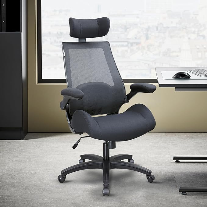 BOLISS 400lbs Ergonomic Mesh Office Chair, High Back Desk Chair - Adjustable Headrest with Flip-Up Arms, Tilt Function, Lumbar Support and Swivel Computer Task Chair-Black - LeafyLoom