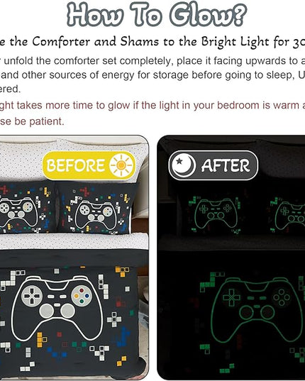 KALEIDOSPACE Gamer Bedding Sets for Boys Girls, Glow in The Dark 7 Piece Bed in a Bag Full, Ultra Soft Microfiber Kids Bedding for All Season (76"X86") - LeafyLoom
