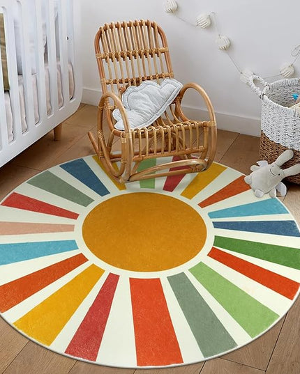 Small Round Rug 4 Ft Washable Round Rug for Kids Room, Colorful Sun Circle Rug for Playroom, Non-Slip Circular Office Carpet Soft Rainbow Rug for Bedroom Reading Corner Dorm - LeafyLoom