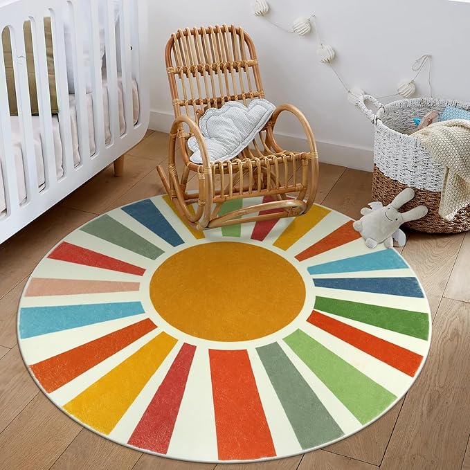 Small Round Rug 4 Ft Washable Round Rug for Kids Room, Colorful Sun Circle Rug for Playroom, Non-Slip Circular Office Carpet Soft Rainbow Rug for Bedroom Reading Corner Dorm - LeafyLoom