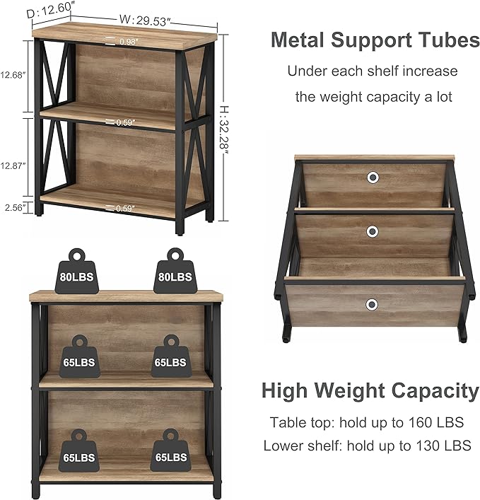 FATORRI Small Bookcase, Wood and Metal Low Short Bookshelf, Industrial Book Case and Rustic Book Shelf for Small Space (Rustic Oak) - LeafyLoom