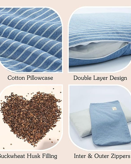 Buckwheat Bed Pillow for Sleeping Cervical Support Buckwheat Hull Pillow, Cooling Firm Buckwheat Neck Pillow,Adjustable Loft, Removable Pillowcase, Blue 24"X14" - LeafyLoom
