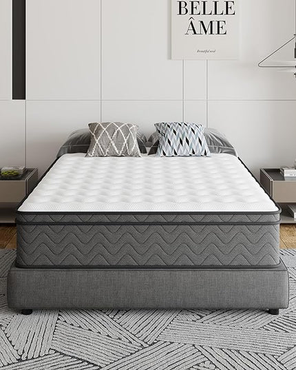 Full Mattress, 10 Inch Innerspring Hybrid Mattress in a Box, Individually Pocket Coils for Motion Isolation & Cool Sleep, Queen Bed for Back Pain,CertiPUR-US,100 Nights Trial - LeafyLoom