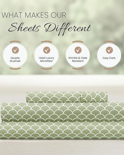 3 Piece Twin Bedding Sheet Set (Sage Scallops) - Sleep Better Than Ever with These Ultra-Soft & Cooling Bed Sheets for Your Twin Size Bed - Deep Pocket Fits 16" Mattress - LeafyLoom