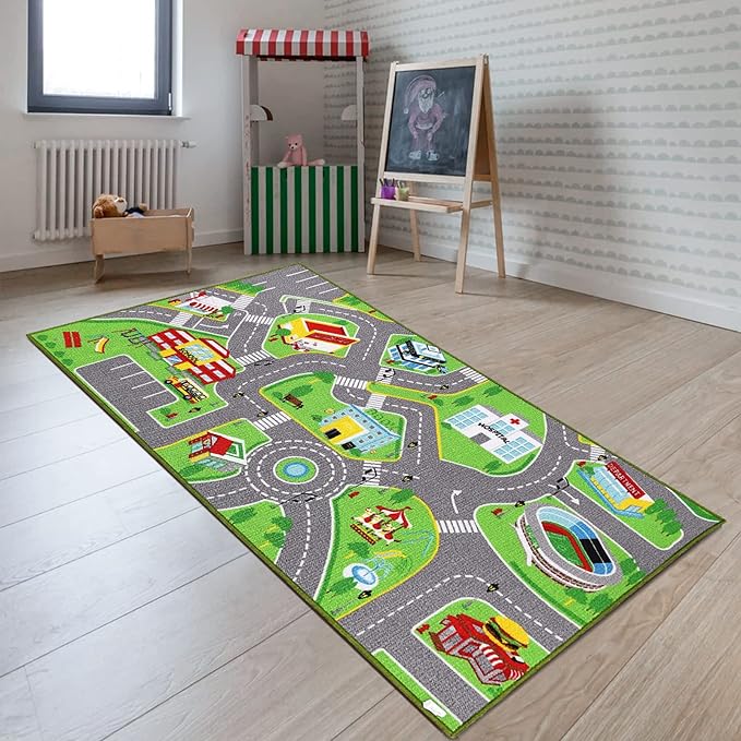 79"X40" Kids Rug Play mat for Toy Cars,Colorful and Fun Play Rugs with Roads for Bedroom and Kid Rooms, Car Rug to Have Hours of Fun on，Area Rug Mat with Non-Slip and No Chemical Smell Backing - LeafyLoom