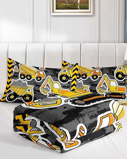 Datura home Kids Construction Truck Comforter Set for Boys Kids,Excavators Truck Machinery Vehicles Tractor Printed Bedding Set with 1 Comforter and 2 Pillowcases(Truck Yellow Twin) ,Twin 68x86inches - LeafyLoom