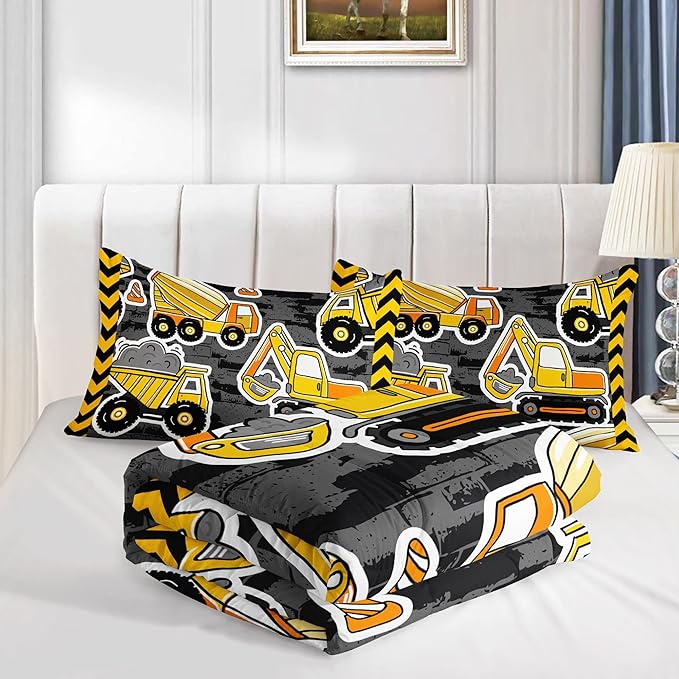 Datura home Kids Construction Truck Comforter Set for Boys Kids,Excavators Truck Machinery Vehicles Tractor Printed Bedding Set with 1 Comforter and 2 Pillowcases(Truck Yellow Queen)90x90in - LeafyLoom