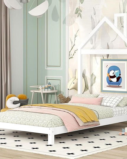 Twin Bed Frame/Kids Bed Frames with Headboard and Slats, Wood Platform Bed with House Shaped Headboard, Twin Size Bed for Kids, Boys, Girls, No Box Spring Needed(White) - LeafyLoom