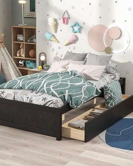 Twin Bed with 2 Storage Drawers, Solid Pinewood Twin Size Bed Frame,for Boys/Girls/Teens Bedroom, Easy to Assemble, No Box Spring Needed,Espresso - LeafyLoom