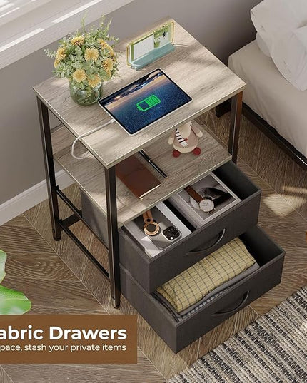 Seventable Nightstand set of 2 with Charging Station, Bedside table with LED Lights, Night stand with 2 Fabric Drawers, 3-Tier Storage End Table for Bedroom, Greige - LeafyLoom