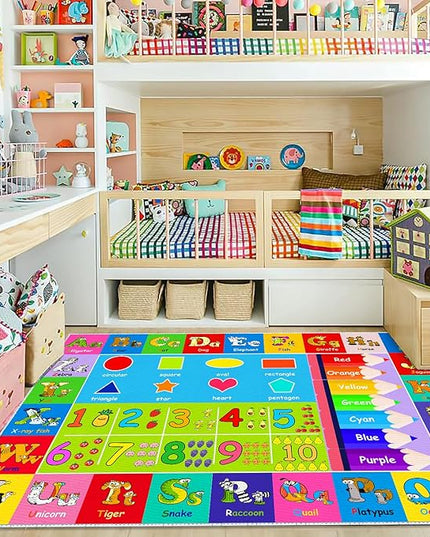 Kids Alphabet Play Game Rug - 5' 3" x8' ABC Numbers and Shapes Educational Learning Toddler Carpet - Kids Room Playroom Classroom Kindergarten Activity Fun Soft Non-Slip Mat - LeafyLoom