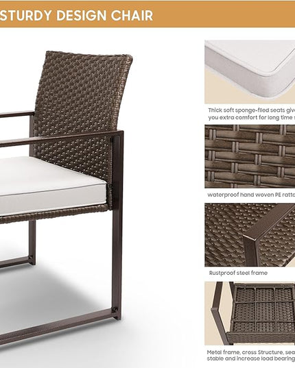 YIYAN Patio Furniture Set 3 Pieces Outdoor Rattan Chair Wicker Sofa Garden Conversation Bistro Sets with Coffee Table,Comfortable Washable Cushions (White) - LeafyLoom