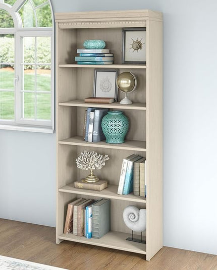 Bush Furniture 5 Shelf Bookcase with 3 Adjustable Storage Shelves | Fairview Collection Tall Bookshelf for Office or Home, 30W x 12D x 69H, Antique White - LeafyLoom