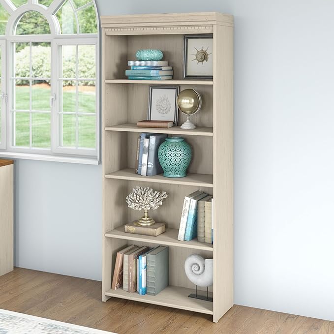 Bush Furniture 5 Shelf Bookcase with 3 Adjustable Storage Shelves | Fairview Collection Tall Bookshelf for Office or Home, 30W x 12D x 69H, Antique White - LeafyLoom