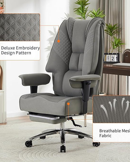 Big and Tall Office Chair 400lbs Wide Seat, Mesh High Back Executive Office Chair with Foot Rest, Ergonomic Office Chair Lumbar Support for Lower Back Pain Relief (Mesh Light Grey) - LeafyLoom