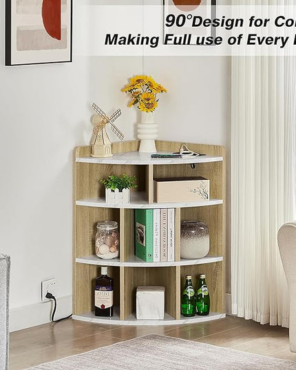 Vecelo Corner Cabinet with Charging Station, 3-Tier Cube Storage Organizer with USB Ports and Outlets, Triangle Bookcases Corner Shelf with 8 Cubbies for Playroom, Bedroom, Living Room, Marble White - LeafyLoom