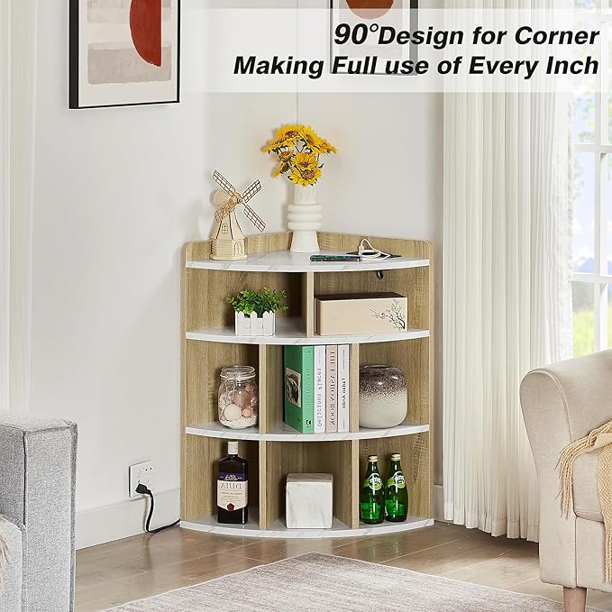 Vecelo Corner Cabinet with Charging Station, 3-Tier Cube Storage Organizer with USB Ports and Outlets, Triangle Bookcases Corner Shelf with 8 Cubbies for Playroom, Bedroom, Living Room, Marble White - LeafyLoom