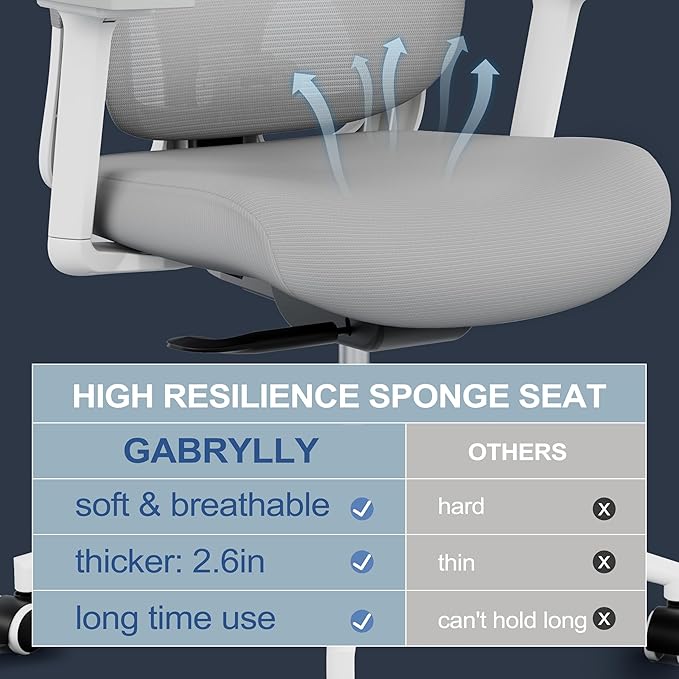 GABRYLLY Office Chair, Ergonomic Desk Chair with Adjustable Lumbar Support, 3D Armrest, Headrest, 4-Level Tilt Back, Home Mesh Chair with Wide Cushion Seat & PU Wheels for Adult Student - LeafyLoom