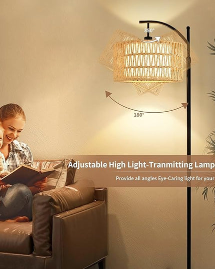 Floor Lamp for Living Room Bedroom with Remote Boho Rattan Arc Standing Lamp Dimmable Black Farmhouse Wicker Bamboo Lamp Shade Floor Light Adjustable Tall Lamp Industrial Floor Lamps Bohemian - LeafyLoom