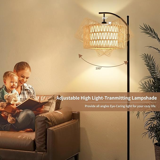 Floor Lamp for Living Room Bedroom with Remote Boho Rattan Arc Standing Lamp Dimmable Black Farmhouse Wicker Bamboo Lamp Shade Floor Light Adjustable Tall Lamp Industrial Floor Lamps Bohemian - LeafyLoom