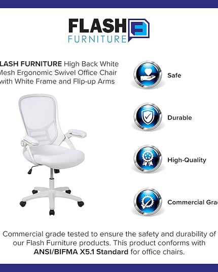 Flash Furniture Porter High-Back Swivel Office Chair with Adjustable Lumbar Support and Seat Height, Ergonomic Mesh Desk Chair with Flip-Up Armrests, White - LeafyLoom