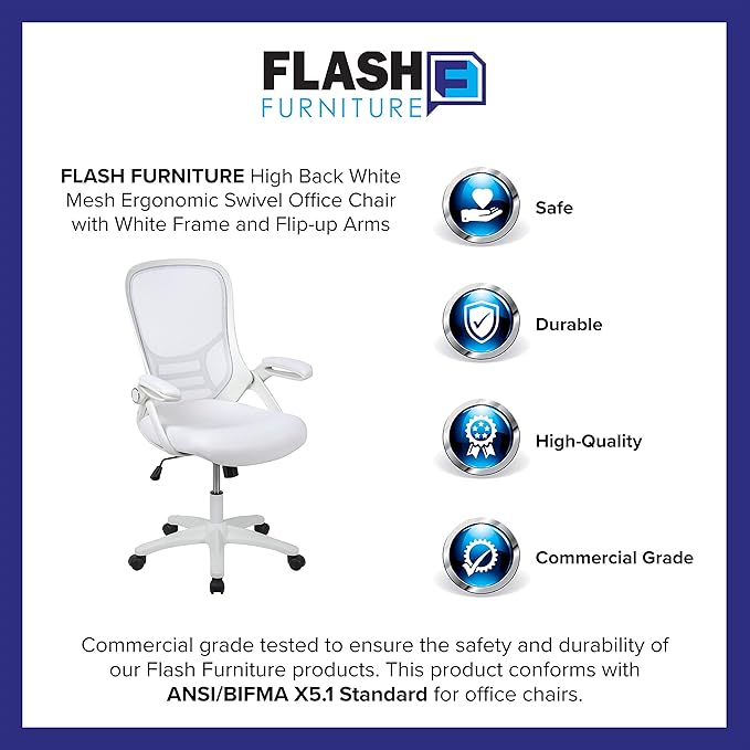 Flash Furniture Porter High-Back Swivel Office Chair with Adjustable Lumbar Support and Seat Height, Ergonomic Mesh Desk Chair with Flip-Up Armrests, White - LeafyLoom