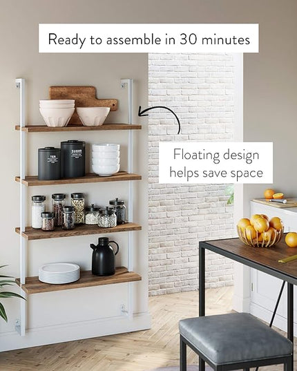 Nathan James Theo 4-Shelf Bookcase, Floating Wall Mount Shelves with Natural Wood and Industrial Pipe Metal Frame, Oak/White - LeafyLoom