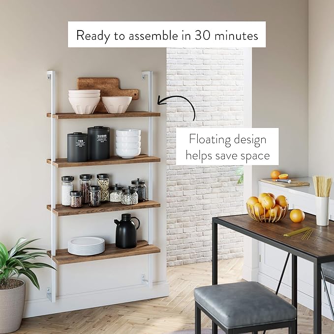 Nathan James Theo 4-Shelf Bookcase, Floating Wall Mount Shelves with Natural Wood and Industrial Pipe Metal Frame, Oak/White - LeafyLoom