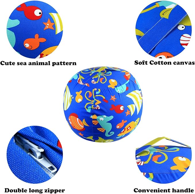 Stuffed Animal Storage Bean Bag Chairs Toy Storage Organizer Bean Bags Chair Cover for Kids 24" Cotton Canvas Beanbag with Zipper for Organizing Kid's and Adults Room, (Blue sea world, 24" x 1) - LeafyLoom