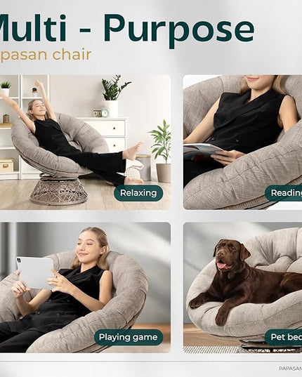 Bme 40" Ergonomic Wicker Papasan Chair with Soft Thick Density Fabric Cushion, High Capacity Steel Frame, 360 Degree Swivel for Living, Bedroom, Reading Room, Lounge, Silver Cloud - Brown Base - LeafyLoom