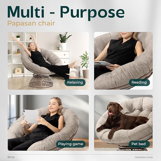 Bme 40" Ergonomic Wicker Papasan Chair with Soft Thick Density Fabric Cushion, High Capacity Steel Frame, 360 Degree Swivel for Living, Bedroom, Reading Room, Lounge, Silver Cloud - Brown Base - LeafyLoom