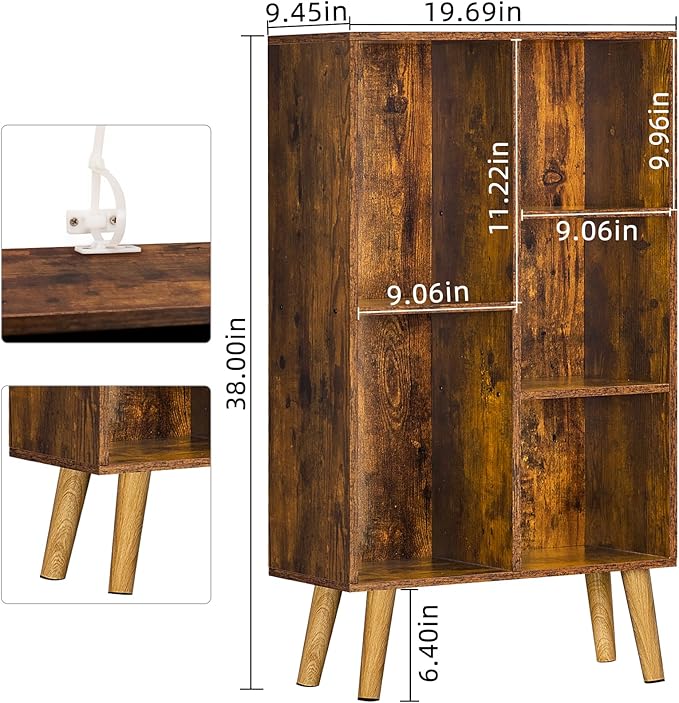 LEYAOYAO 5 Cube Small Bookshelf,3 Tier Mid-Century Bookcase with Legs,Wood Bookshelves Storage Organizer Shelf,Narrow Book Shelves,Brown Bookcases - LeafyLoom