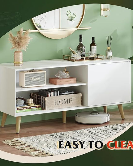 WLIVE Mid-Century Modern TV Stand for 55" TV, Entertainment Center with Storage, Open Shelves TV Console for Living Room and Bedroom, White - LeafyLoom