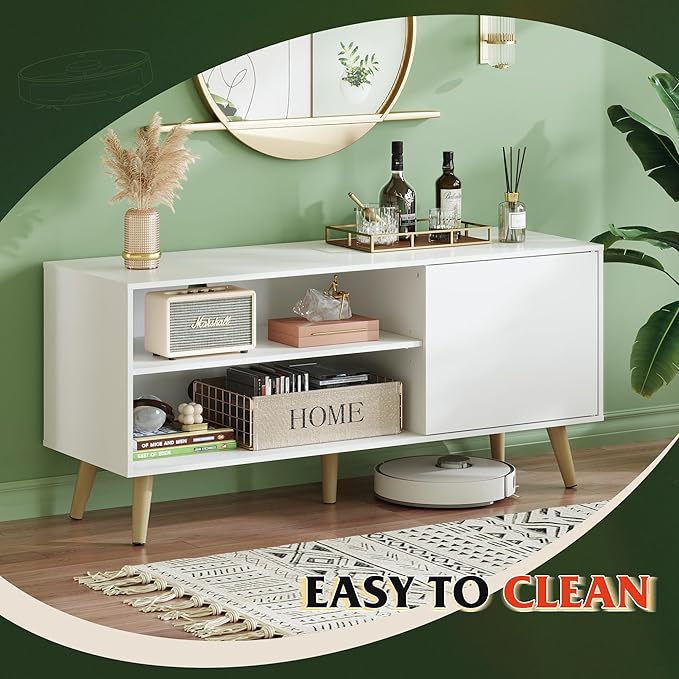 WLIVE Mid-Century Modern TV Stand for 55" TV, Entertainment Center with Storage, Open Shelves TV Console for Living Room and Bedroom, White - LeafyLoom