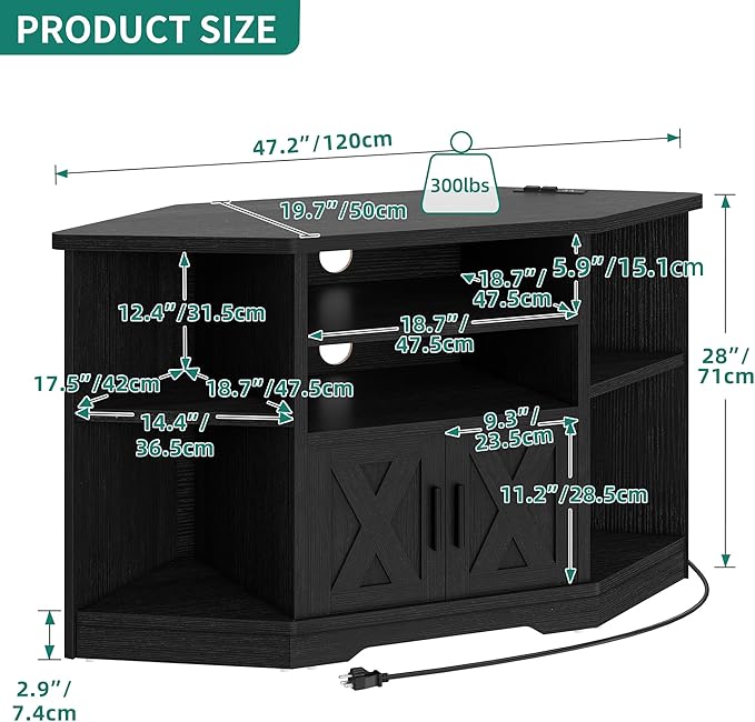 YITAHOME Corner TV Stand, Entertainment Center, Farmhouse TV Stand 55 inch TV w/Power Outlet, TV Stand for Living Room w/Adjustable Storage Shelf, Television Stands for Living Room, Black - LeafyLoom