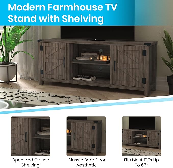Flash Furniture Modern Farmhouse Barn Door TV Stand - Gray Wash Oak 59 Inch Entertainment Center - For TV's up to 65 Inches - Adjustable Middle Shelf - LeafyLoom