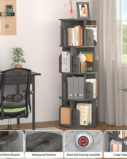 Aheaplus Rotating Bookshelf, 360 Display Corner Bookshelf for Small Space, 4 Tier Floor Standing Bookcase Storage Rack, Wood Narrow Book Shelf Organizer for Bedroom, Living Room, Study Room, Grey Oak - LeafyLoom