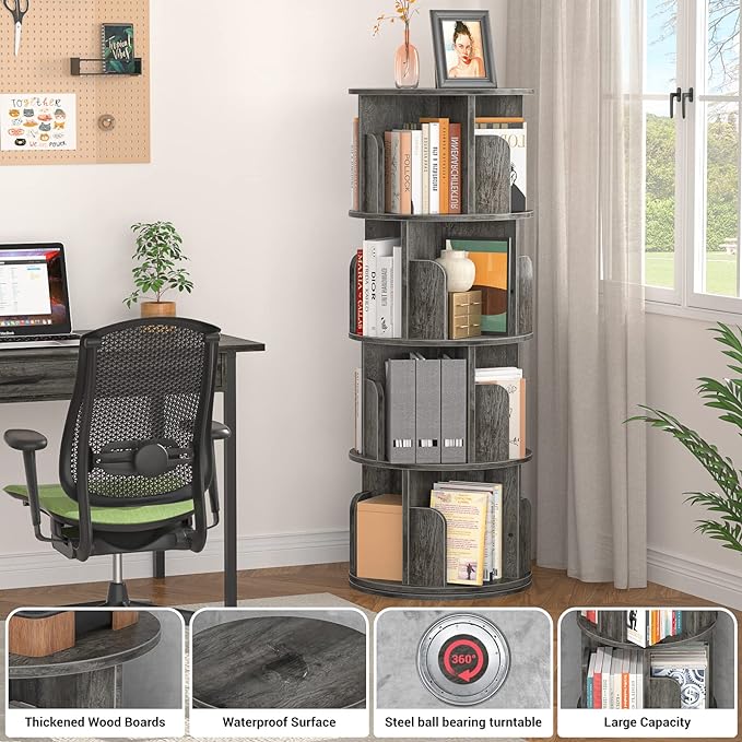 Aheaplus Rotating Bookshelf, 360 Display Corner Bookshelf for Small Space, 4 Tier Floor Standing Bookcase Storage Rack, Wood Narrow Book Shelf Organizer for Bedroom, Living Room, Study Room, Grey Oak - LeafyLoom