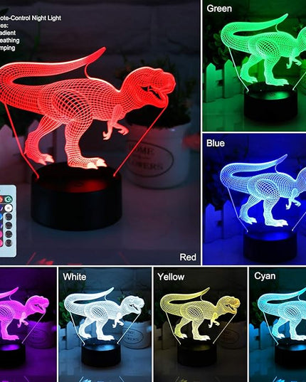 VSATEN 3D Dinosaur Night Light for Kids, 3D Illusion Lamp 3-Pattern & 16 Colors Change Decor Lamp with Remote Control & Smart Touch, Dinosaur Toys for 2 3 4 5 6+ Years Old - LeafyLoom