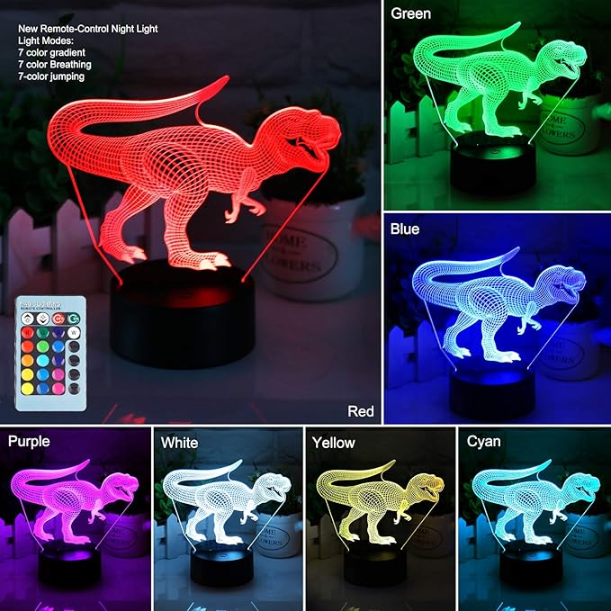 VSATEN 3D Dinosaur Night Light for Kids, 3D Illusion Lamp 3-Pattern & 16 Colors Change Decor Lamp with Remote Control & Smart Touch, Dinosaur Toys for 2 3 4 5 6+ Years Old - LeafyLoom