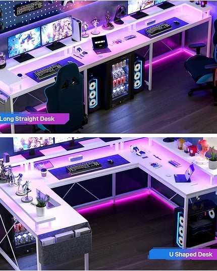 U Shaped Computer Gaming Desk, Reversible L Shaped Desk with Power Outlets, LED Strip & Monitor Stand, Large Corner Desk with Storage Shelves for Home Office, White - LeafyLoom
