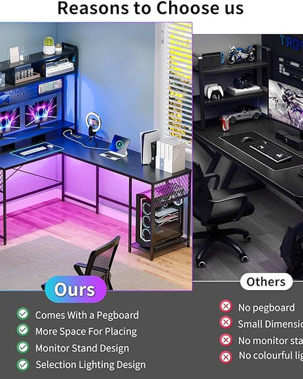 Lvifur 67” L Shaped Desk with Wireless Charging Station,24-Color RGB Dimmable Computer Desk with Pegboard,Gaming Desk with Monitor Stand, Display Stand,Human Sensor Lights for Home Office - LeafyLoom